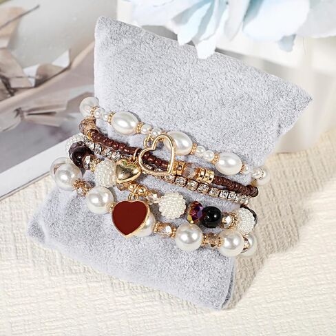 5PCS Bohemian Stackable Beaded Bracelet Set, Brown Handmade Bracelet Heart Faux Pearl Charm Bracelets Stretch Jewelry for Women Friendship Holiday Beach Gifts in Saudi Arabia