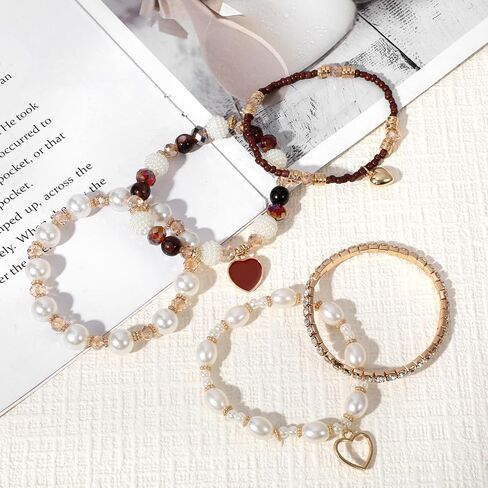 5PCS Bohemian Stackable Beaded Bracelet Set, Brown Handmade Bracelet Heart Faux Pearl Charm Bracelets Stretch Jewelry for Women Friendship Holiday Beach Gifts in Saudi Arabia