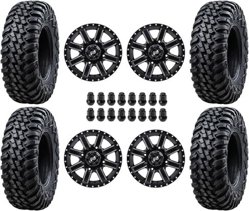 Tusk Aramid Heavy Duty 10-Ply Set 27x9-12/27x11-12 Radial UTV Tires mounted on Tusk Cascade Wheels Compatible with Polaris RZR 4/156 bolt pattern - Includes Lug Nuts (4+3 Wheel Offset, Machine/Black) in Saudi Arabia