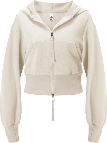 Flygo Women's Cropped Zip Up Hoodie Long Sleeve Drop Shoulder Sweatshirts Casual Ribbed Hem Workout Top Jacket with Pockets in Saudi Arabia