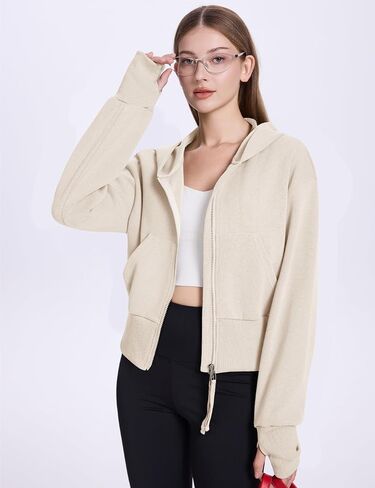 Flygo Women's Cropped Zip Up Hoodie Long Sleeve Drop Shoulder Sweatshirts Casual Ribbed Hem Workout Top Jacket with Pockets in Saudi Arabia
