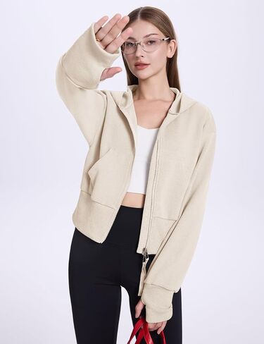 Flygo Women's Cropped Zip Up Hoodie Long Sleeve Drop Shoulder Sweatshirts Casual Ribbed Hem Workout Top Jacket with Pockets in Saudi Arabia