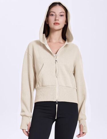 Flygo Women's Cropped Zip Up Hoodie Long Sleeve Drop Shoulder Sweatshirts Casual Ribbed Hem Workout Top Jacket with Pockets in Saudi Arabia