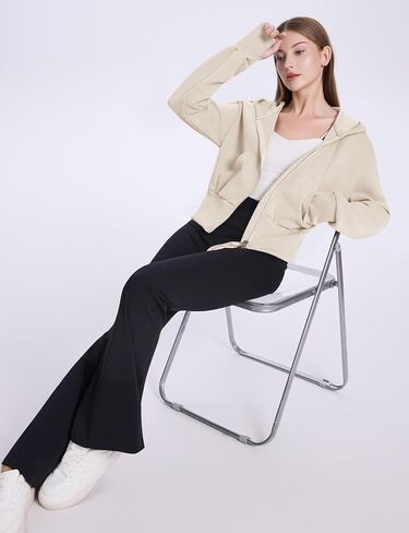 Flygo Women's Cropped Zip Up Hoodie Long Sleeve Drop Shoulder Sweatshirts Casual Ribbed Hem Workout Top Jacket with Pockets in Saudi Arabia