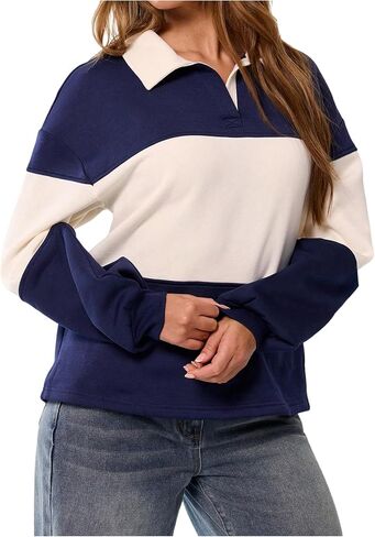 Milumia Women's Striped Color Block Long Sleeve Sweatshirt Collared Loose Fit Pullovers in Saudi Arabia