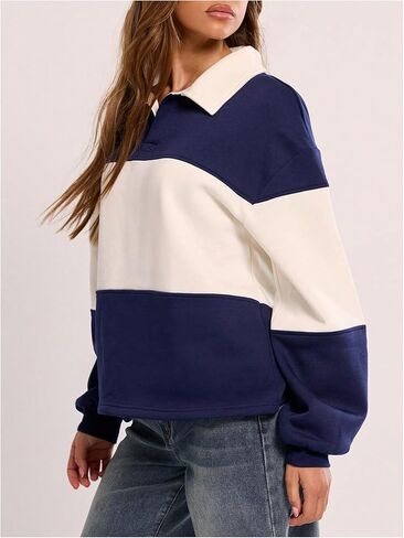 Milumia Women's Striped Color Block Long Sleeve Sweatshirt Collared Loose Fit Pullovers in Saudi Arabia