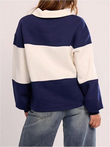 Milumia Women's Striped Color Block Long Sleeve Sweatshirt Collared Loose Fit Pullovers in Saudi Arabia