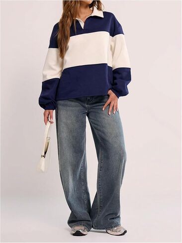Milumia Women's Striped Color Block Long Sleeve Sweatshirt Collared Loose Fit Pullovers in Saudi Arabia