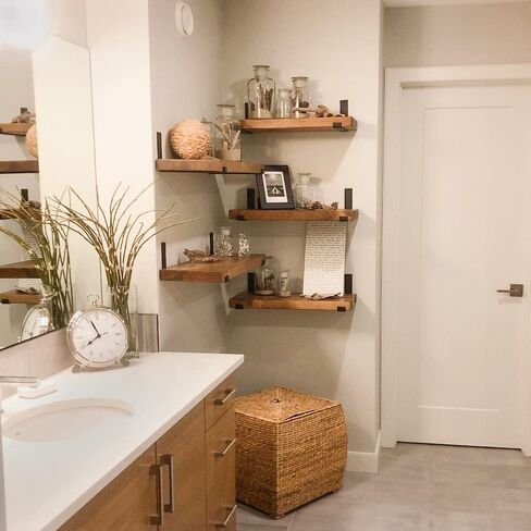 Rustic Shelves with J-Brackets Set of 2, Industrial Shelf, Kitchen Shelves, Solid Wood, Decorative Wall Storage, Heavy Duty, URBANDI (Brown, 36Wx10D) in Kuwait