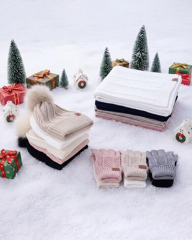 Winter Hat Scarf Gloves Set for Women Cute Warm Fleece Lined Beanie Fashionable Pom Pom Touchscreen Gloves Cold Weather Gift in Saudi Arabia