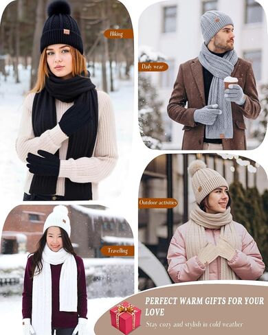 Winter Hat Scarf Gloves Set for Women Cute Warm Fleece Lined Beanie Fashionable Pom Pom Touchscreen Gloves Cold Weather Gift in Saudi Arabia