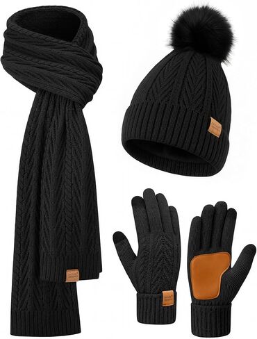 Winter Hat Scarf Gloves Set for Women Cute Warm Fleece Lined Beanie Fashionable Pom Pom Touchscreen Gloves Cold Weather Gift in Saudi Arabia