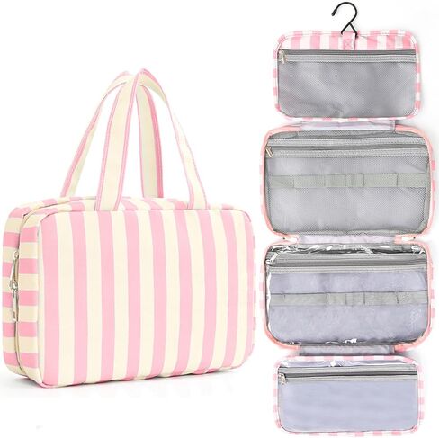 Toiletry Bag for Women Travel Water-resistant Cosmetic Bag Fashion Stripes Makeup Bag with Hanging Hook Preppy for Store Toiletries Cosmetic Accessories Large Capacity Pink in Saudi Arabia