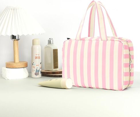 Toiletry Bag for Women Travel Water-resistant Cosmetic Bag Fashion Stripes Makeup Bag with Hanging Hook Preppy for Store Toiletries Cosmetic Accessories Large Capacity Pink in Saudi Arabia