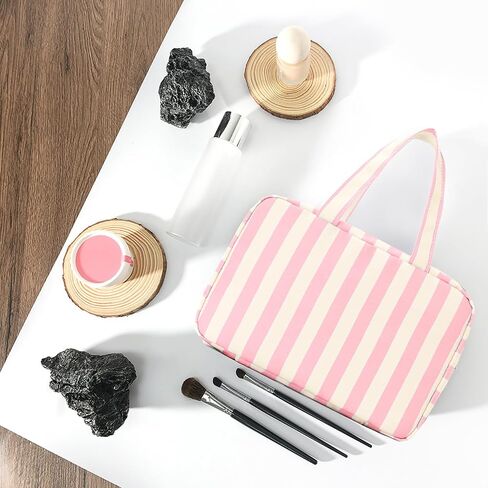 Toiletry Bag for Women Travel Water-resistant Cosmetic Bag Fashion Stripes Makeup Bag with Hanging Hook Preppy for Store Toiletries Cosmetic Accessories Large Capacity Pink in Saudi Arabia