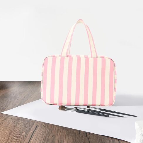 Toiletry Bag for Women Travel Water-resistant Cosmetic Bag Fashion Stripes Makeup Bag with Hanging Hook Preppy for Store Toiletries Cosmetic Accessories Large Capacity Pink in Saudi Arabia