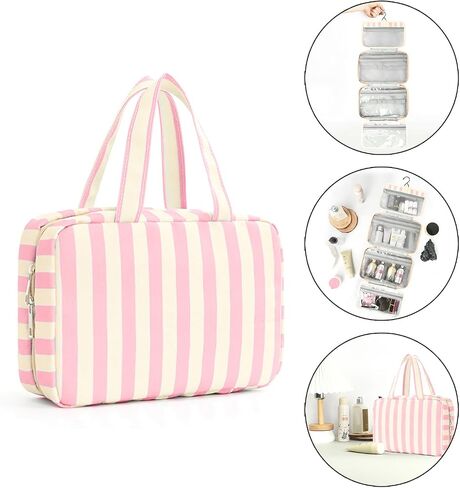Toiletry Bag for Women Travel Water-resistant Cosmetic Bag Fashion Stripes Makeup Bag with Hanging Hook Preppy for Store Toiletries Cosmetic Accessories Large Capacity Pink in Saudi Arabia