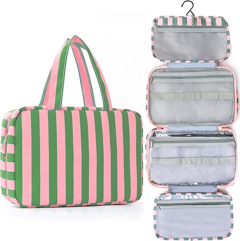 Toiletry Bag for Women Travel Water-resistant Cosmetic Bag Fashion Stripes Makeup Bag with Hanging Hook Preppy for Store Toiletries Cosmetic Accessories Large Capacity Pink in Saudi Arabia