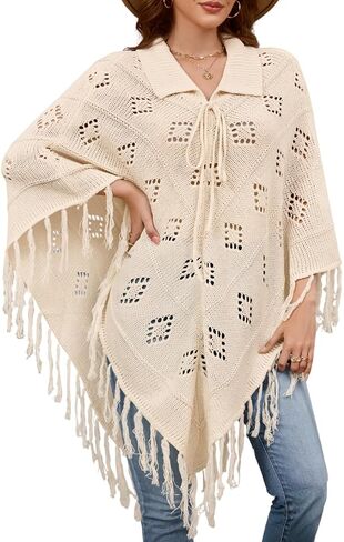 Women's Boho Fringe Poncho Sweater, Lapel Collar Crochet Pullover Cape Fall Winter Shawl Wraps in Saudi Arabia