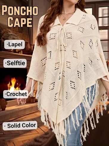 Women's Boho Fringe Poncho Sweater, Lapel Collar Crochet Pullover Cape Fall Winter Shawl Wraps in Saudi Arabia