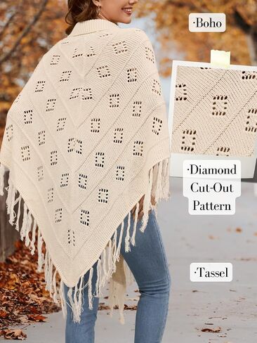 Women's Boho Fringe Poncho Sweater, Lapel Collar Crochet Pullover Cape Fall Winter Shawl Wraps in Saudi Arabia