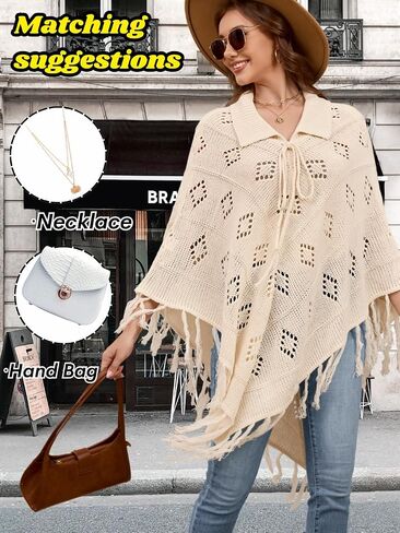 Women's Boho Fringe Poncho Sweater, Lapel Collar Crochet Pullover Cape Fall Winter Shawl Wraps in Saudi Arabia