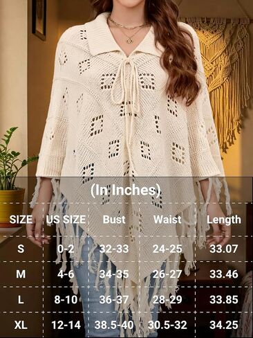 Women's Boho Fringe Poncho Sweater, Lapel Collar Crochet Pullover Cape Fall Winter Shawl Wraps in Saudi Arabia