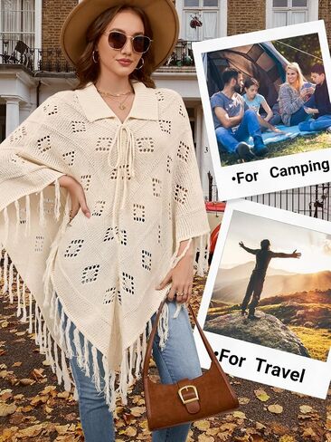 Women's Boho Fringe Poncho Sweater, Lapel Collar Crochet Pullover Cape Fall Winter Shawl Wraps in Saudi Arabia