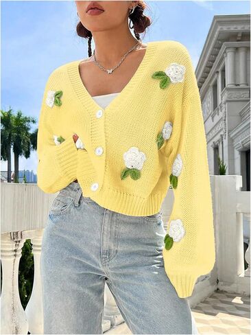 GORGLITTER Women's Floral Button Up Cropped Cardigan Fall Sweaters Long Sleeve Open Front Knit Tops Trendy 2025 in Saudi Arabia