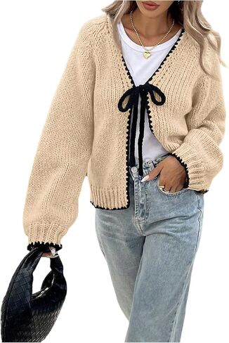 SHENHE Women's Tie Front Cardigan Sweater Chunky Knit Loose Fit V Neck Fall Cardigan Outerwear in Saudi Arabia