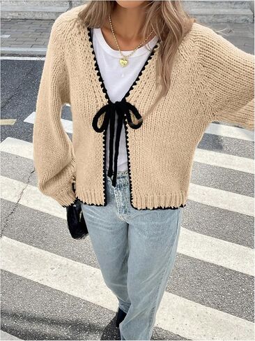 SHENHE Women's Tie Front Cardigan Sweater Chunky Knit Loose Fit V Neck Fall Cardigan Outerwear in Saudi Arabia