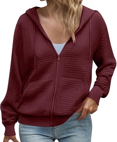 Womens Waffle Knit Zip Up Hoodies 2025 Fall Casual Loose Fit Sweatshirts Lightweight Track Jackets with Pockets in Saudi Arabia