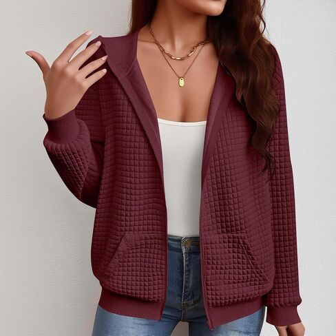 Womens Waffle Knit Zip Up Hoodies 2025 Fall Casual Loose Fit Sweatshirts Lightweight Track Jackets with Pockets in Saudi Arabia