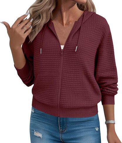 Womens Waffle Knit Zip Up Hoodies 2025 Fall Casual Loose Fit Sweatshirts Lightweight Track Jackets with Pockets in Saudi Arabia
