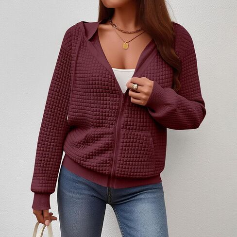 Womens Waffle Knit Zip Up Hoodies 2025 Fall Casual Loose Fit Sweatshirts Lightweight Track Jackets with Pockets in Saudi Arabia