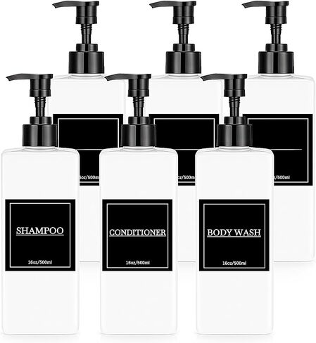 Tanlade 6 Pcs Shampoo and Conditioner Dispenser Bottles 16oz Modern Shower Soap Bottles with Pump, Labels and Marker Pen Easy to Refill Body Wash Dispensers for Home Bathroom Decoration (Black) in Saudi Arabia