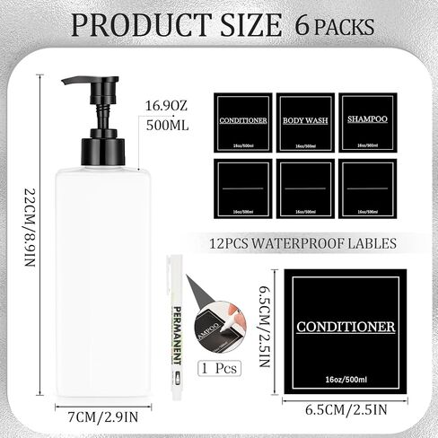 Tanlade 6 Pcs Shampoo and Conditioner Dispenser Bottles 16oz Modern Shower Soap Bottles with Pump, Labels and Marker Pen Easy to Refill Body Wash Dispensers for Home Bathroom Decoration (Black) in Saudi Arabia