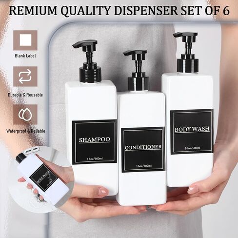 Tanlade 6 Pcs Shampoo and Conditioner Dispenser Bottles 16oz Modern Shower Soap Bottles with Pump, Labels and Marker Pen Easy to Refill Body Wash Dispensers for Home Bathroom Decoration (Black) in Saudi Arabia