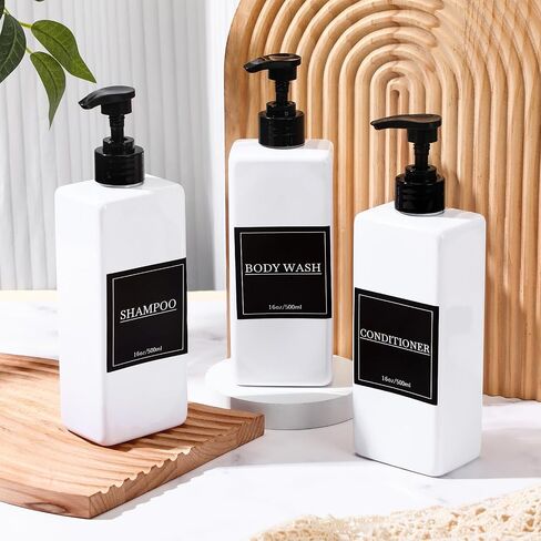 Tanlade 6 Pcs Shampoo and Conditioner Dispenser Bottles 16oz Modern Shower Soap Bottles with Pump, Labels and Marker Pen Easy to Refill Body Wash Dispensers for Home Bathroom Decoration (Black) in Saudi Arabia