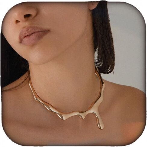Doubnine Modern Wavy Choker Necklace, Silver/Gold-Tone, Elegant Design Choker Style Contemporary Fashion Jewelry for Women in Saudi Arabia