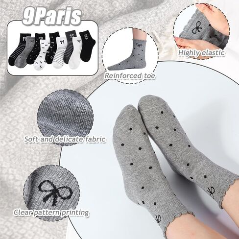 Patelai 9 Pairs Bow Socks Women Ankle Coquette Crew Socks with Cute Bow Ruffle Frilly Cotton Soft Breathable Knitted Gifts in Saudi Arabia