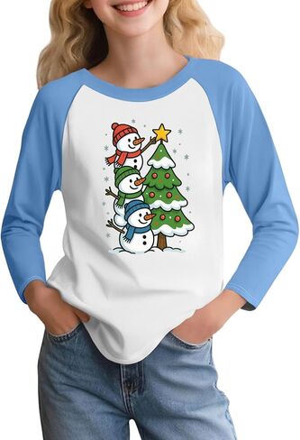 Christmas Shirts for Teens Girls Xmas Tree Print Raglan Long Sleeve Loose Shirts Crew Neck Tops Baggy Snowflake Blouse in Saudi Arabia