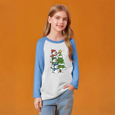 Christmas Shirts for Teens Girls Xmas Tree Print Raglan Long Sleeve Loose Shirts Crew Neck Tops Baggy Snowflake Blouse in Saudi Arabia