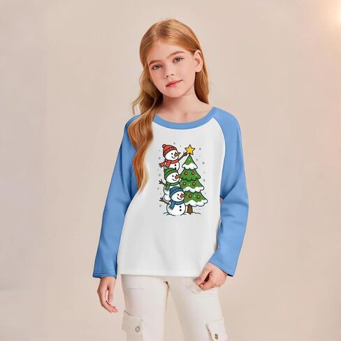Christmas Shirts for Teens Girls Xmas Tree Print Raglan Long Sleeve Loose Shirts Crew Neck Tops Baggy Snowflake Blouse in Saudi Arabia