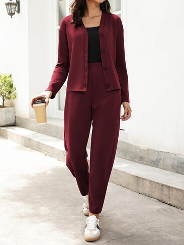 Casly Lamiit المرأة قطعتين ملابس غير رسمية الخريف السفر زر أسفل طويلة الأكمام سترة برميل السراويل مجموعة ملابس النوم in Kuwait