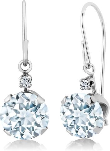 Gem Stone King 14K White Gold Sky Blue Aquamarine and White Topaz Leverback Dangle Earrings For Women (1.54 Cttw, Gemstone March Birthstone, Round 6MM) in Saudi Arabia