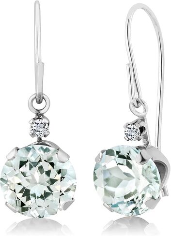 Gem Stone King 14K White Gold Sky Blue Aquamarine and White Topaz Leverback Dangle Earrings For Women (1.54 Cttw, Gemstone March Birthstone, Round 6MM) in Saudi Arabia