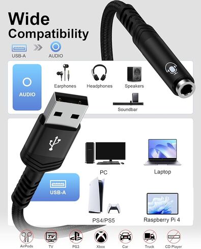 محول AUX USB إلى 3.5 مم ، اكتب A إلى محول مقبس سماعة الرأس ، ودونجل صوت بطاقة USB الخارجي للكمبيوتر الشخصي ، والكمبيوتر المحمول ، وأجهزة الكمبيوتر المكتبية ، و PS4 ، و PS5 ، وسماعة الرأس ، وسماعات الرأس ، متوافقة مع Windows 11 10 9 8 7 /MAC /Linux in Saudi Arabia