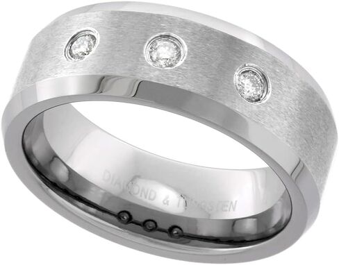 Sabrina Silver 8mm Tungsten Carbide 3 Stone Diamond Wedding Ring 0.22 cttw Beveled Edges Comfort fit sizes 8 to 14 in Saudi Arabia