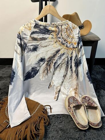 Women Aztec Shirts Vintage Geometric Print Crewneck Casual Long Sleeve Ethnic Western Graphic Loose Tee Top for Lady Fashion in Saudi Arabia